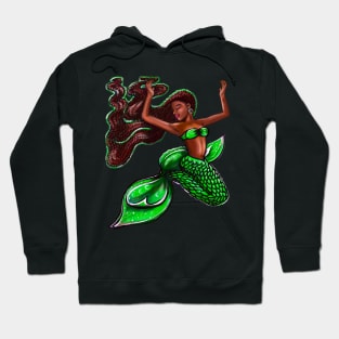 Black mermaid with rainbow fins, red locs Afro hair and brown skin. African American Mermaids Hoodie